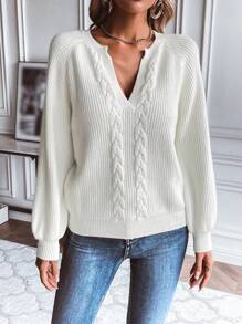 SHEIN LUNE Jersey de cuello con muesca y mangas raglán de punto de cable para otoño e invierno - Blanco - Ver 5