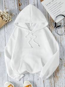 SHEIN EZwear 花和標語圖案袋鼠口袋抽繩連帽衫 - 白色 - 查看 2