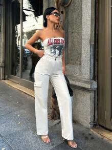 SHEIN Cottnline Kieszenie z klapką z boku Dżinsy cargo - Beżowy - Zobacz 5