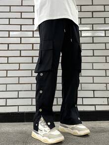 Manfinity EMRG Nam Túi nắp bên cạnh Eo dây rút Quần Cargo - màu đen - Xem 5