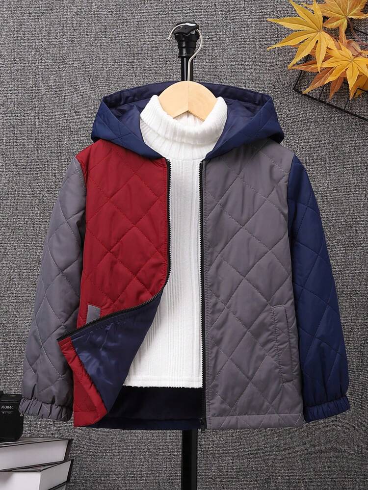 Young Boy Colorblock Hooded Quilted Coat Without Sweater