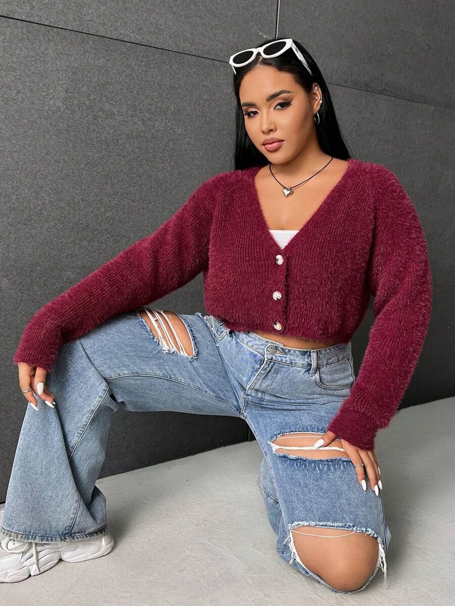 SHEIN EZwear Plus Solid Raglan Sleeve Fluffy Knit Cardigan - Rose Red - View 1