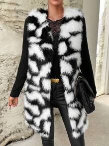 SHEIN Privé Allover Print Open Front Fuzzy Vest Coat - Black and White - View 4