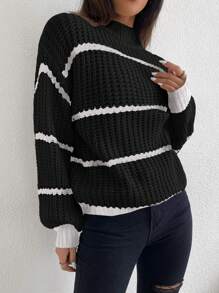 Celisse Striped Pattern Drop Shoulder Sweater,Long Sleeve Tops Knit Pullover Fall Winter Outfit - Black - View 5