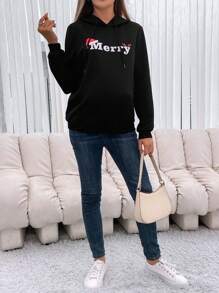 SHEIN 孕妇圣诞字母图案袋鼠口袋抽绳卫衣 - 黑色 - 查看 5