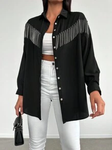 EURMUSE Fringe Trim Button Front Shirt - Black - View 5