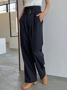 FRIFUL Solid Slant Pocket Belted Suit Pants,Women Dress Pants Business Attire - Navy Blue - View 7