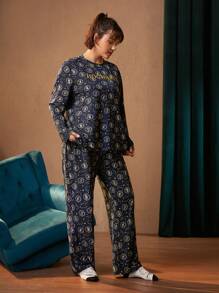HARRY POTTER X SHEIN Plus Allover Print PJ Set - Royal Blue - View 4