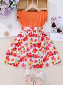 SHEIN 年輕女孩假日對比花卉印花夏季時尚裙 - 彩色 - 查看 2