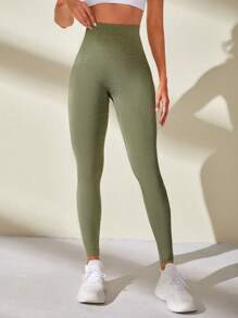 Yoga Basic 瑜伽打底褲無縫高彈力緊縮褶皺臀部運動緊身褲帶寬腰帶 - 軍綠色 - 查看 5