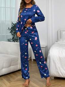 Conjunto de pijama con estampado de galaxia, ropa de otoño e invierno cómoda y elegante - azul real - Ver 3