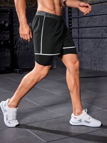 Manfinity Sport Corelite 1入對比綁帶字母膠帶腰部運動短褲，休閒運動短褲 - 黑色 - 查看 8