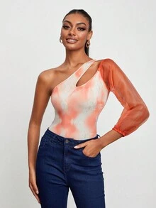 LANOR Tie Dye One Shoulder Cut Out Bodysuit - Multicolor - View 4