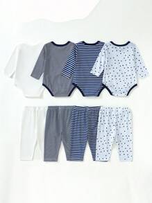 SHEIN Playful Pals Baby Boy Cute Dinosaur & Letter Printed Bodysuit With Dinosaur Printed Pants Set, 8pcs Casual Daily Outfits Set