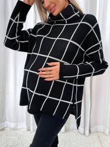 SHEIN 孕妇格纹高领落肩开衩下摆毛衣，适合冬季 - 黑與白 - 查看 3