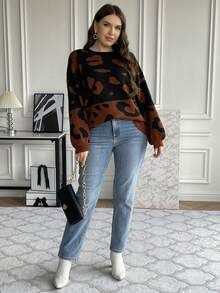 SHEIN Franclia Hơn Hoa văn Báo Thả vai Áo len - Nhiều màu - Xem 6