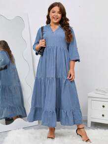 SHEIN LUNE Plus Notched Neckline Ruffle Hem Denim Dress - Light Wash - View 4