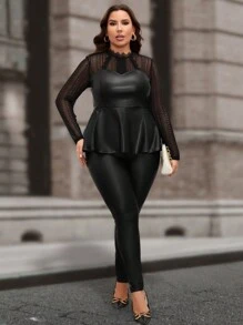 SHEIN Clasi Plus Ruffle Hem PU Leather Peplum Top Without Cami Top, For Winter