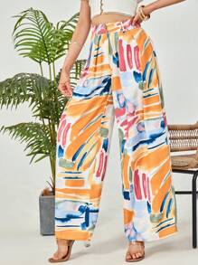 AAmilife Brush Print Wide Leg Pants - White - View 1