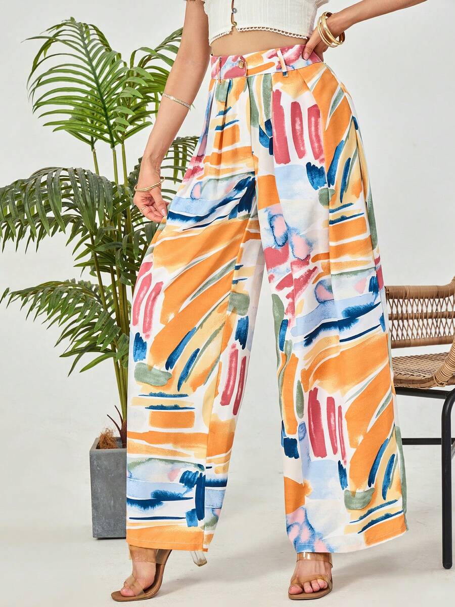 AAmilife Brush Print Wide Leg Pants - White - View 1