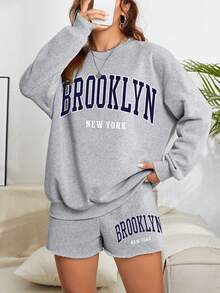 SHEIN EZwear Letter Graphic Drop Shoulder Sweatshirt & Shorts - Grey - View 3