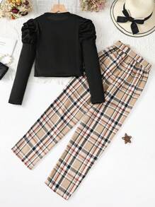 SHEIN Explorewe 少女蓬袖t恤裝配襯上結襟格紋褲帶 - 彩色 - 查看 2