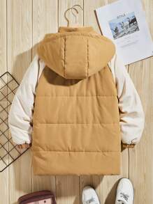 SHEIN Tween Boy 1 件字母图案翻盖口袋插肩袖连帽棉服外套 - 杏色 - 查看 2