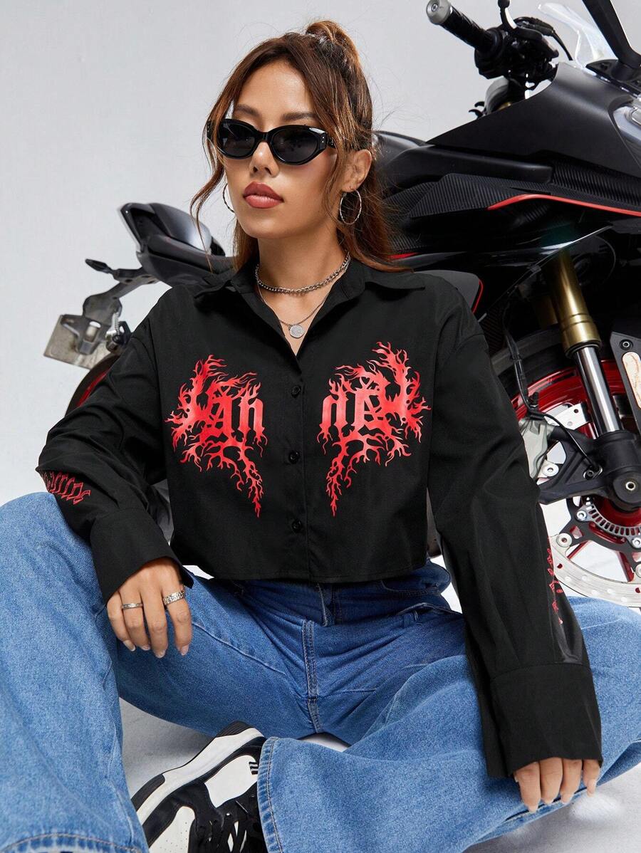 SHEIN EZwear Letter Graphic Button Front Shirt