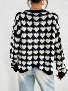 SHEIN Unity Hình trái tim Thả vai Áo len - Đen và trắng - Xem 2
