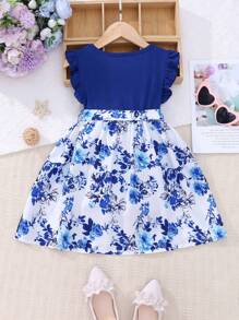SHEIN Young Girl Floral Print Ruffle Trim Belted Dress,Holiday,Summer,Travel - Multicolor - View 2