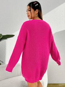 SHEIN EZwear Hơn Thả vai Đầm Áo len Không có thắt lưng - Màu Hồng Tươi - Xem 2