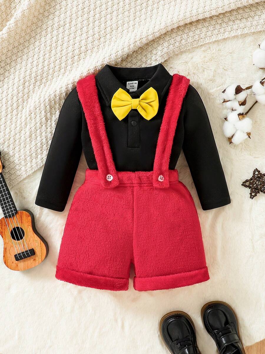 SHEIN 男嬰前蝴蝶結POLO衫&背帶短褲 - 彩色 - 查看 1