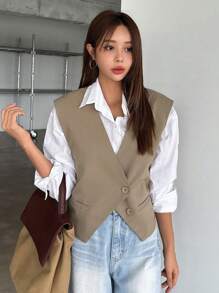 DAZY 1 pieza Chaleco con botones Blazer Atuendo de negocios - Café integral - Ver 5