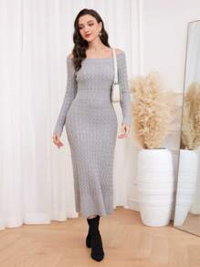 Modelyn 一字肩魚尾裙下擺麻花編織毛衣洋裝 - 灰色 - 查看 6