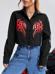 SHEIN EZwear Letter Graphic Button Front Shirt