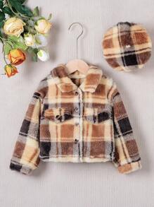 SHEIN Young Girl Plaid Print Teddy Jacket & Hat - Multicolor - View 1