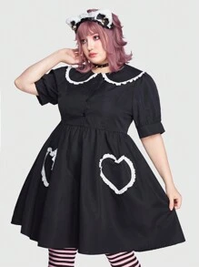 ROMWE Kawaii Plus Contrast Lace Trim Statement Collar Dress - Black - View 3
