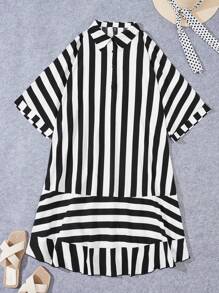 SHEIN VCAY Talla grande Vestido camisero con estampado de rayas bajo irregular - Blanco y Negro - Ver 1
