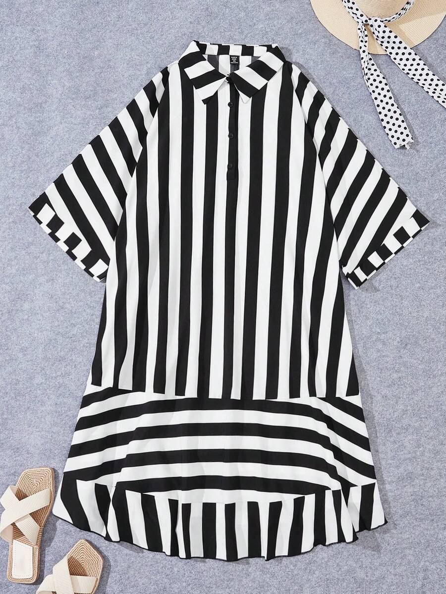 SHEIN VCAY Talla grande Vestido camisero con estampado de rayas bajo irregular - Blanco y Negro - Ver 1