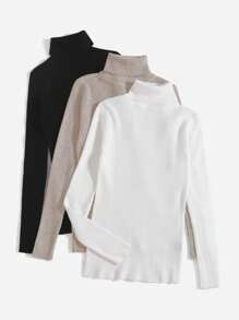 SHEIN Essnce 3pcs Solid Turtleneck Rib-Knit Sweater In Fall/Winter - Multicolor - View 2