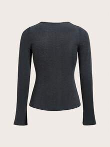 SHEIN EZwear Solid Split Hem Tee - Dark Grey - View 2
