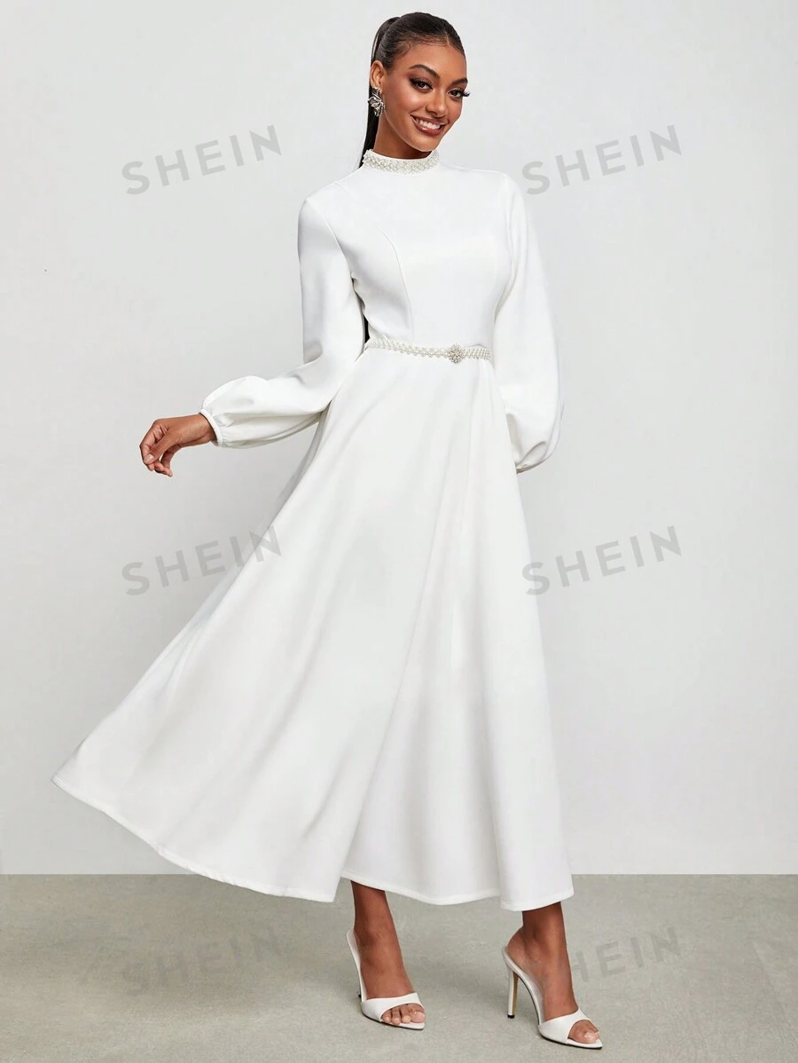 VNCIRCLE Rochie de designer cu mânecă lanternă cu gât fals, rochie elegantă ținută de concert, pentru vacanță, petrecere, ținute de concert de aniversare, festival, festival de ținute rave, nuntă, rochie de bal - alb - Vizualizare 1