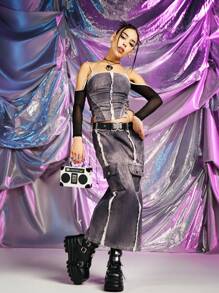 SHEIN X Danna Paola SHEIN ICON Falda cargo ribete crudo con bolsillo con solapa delantero con cinturón