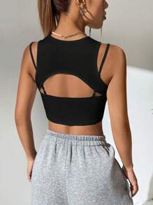 SHEIN EZwear Solid Cut Out Front Crop Tank Top - Black - View 2