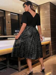 Plus Dalmatian Print V Neck Dress - Black - View 2