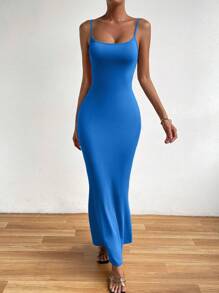 SHEIN Unity Vestido de tirantes unicolor bajo sirena - Azul - Ver 7