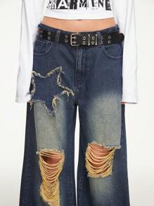 ROMWE Grunge Punk Ripped Wide Leg Jeans, School - Blue - View 6