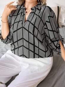 SHEIN Hơn In vết tròn Polka Tay áo cuộn Áo sơ mi - màu đen - Xem 3