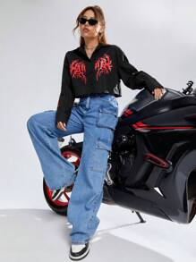 SHEIN EZwear Letter Graphic Button Front Shirt