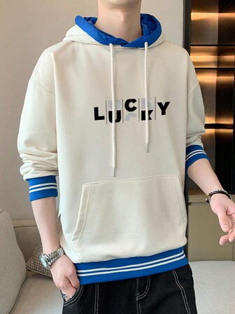 Men Letter Graphic Striped Trim Kangaroo Pocket Drawstring Hoodie